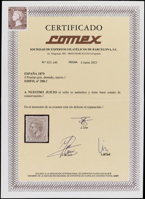 (*) ESPAÑA. Ed. 208. 4 pts. gris. Excelente centraje. PIEZA 