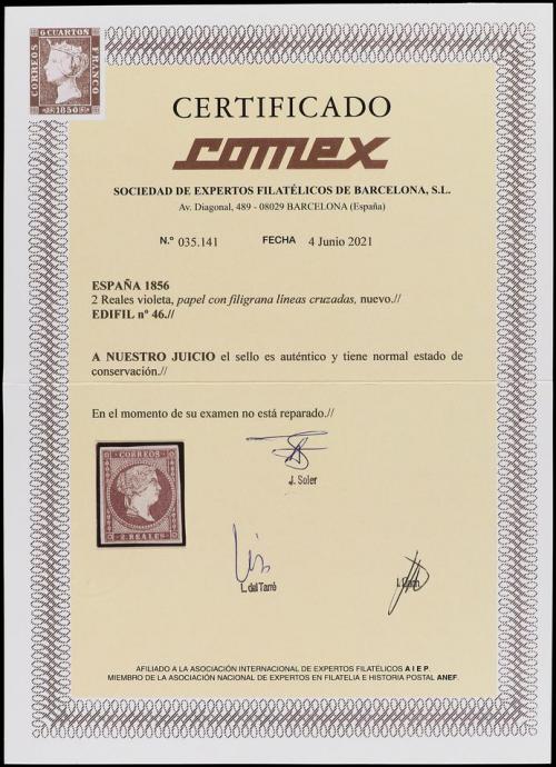 * ESPAÑA. Ed. 46. 2 reales violeta. PIEZA DE LUJO. Cert. COM