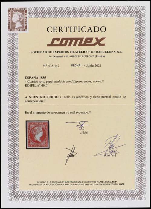 (*) ESPAÑA. Ed. 40. 4 cuartos carmín. PIEZA DE LUJO. Cert. C