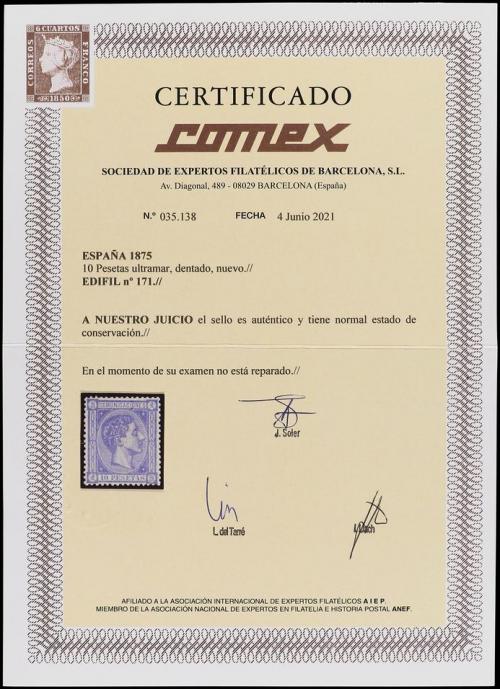 * ESPAÑA. Ed. 171. 10 pts. azul. Excelente centraje. MUY RAR