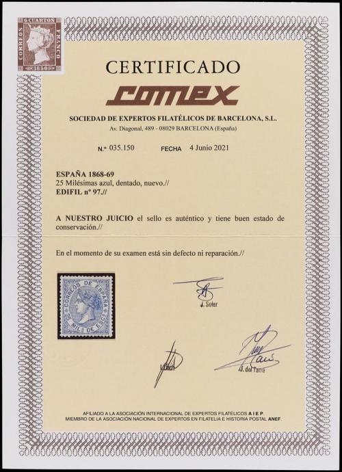 (*) ESPAÑA. Ed. 97. 25 mils. azul. PIEZA DE LUJO. Cert. COME