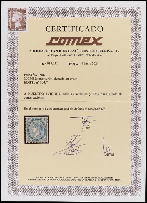 * ESPAÑA. Ed. 100. 200 mils. verde. Centraje perfecto. LUJO.