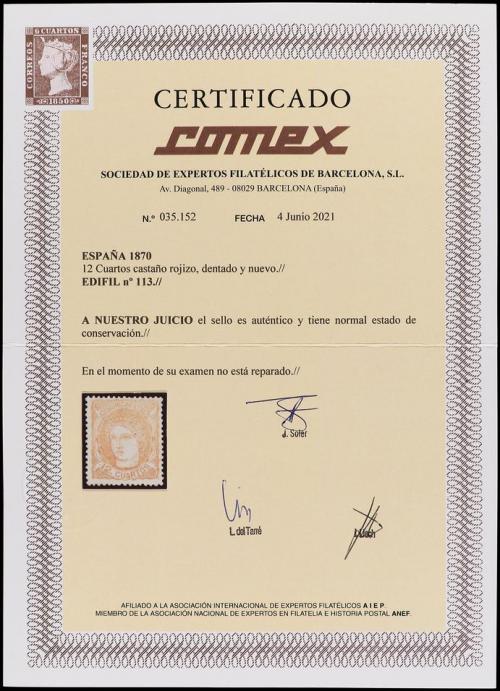 (*) ESPAÑA. Ed. 113. 12 cuartos castaño rojo. MAGNÍFICO EJEM