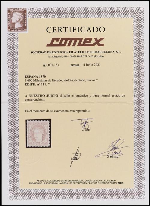 (*) ESPAÑA. Ed. 111. 1 Esc. 600 mils. violeta. Centraje perf