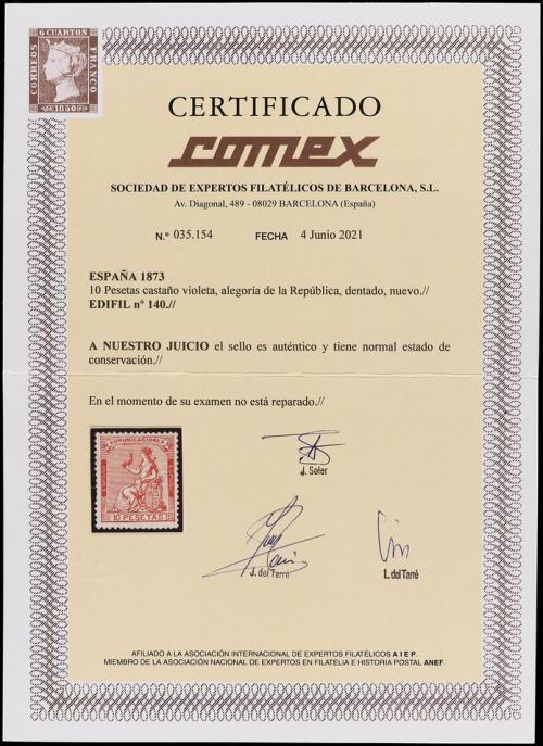 * ESPAÑA. Ed. 140. 10 pts. castaño violeta. PIEZA DE LUJO. C