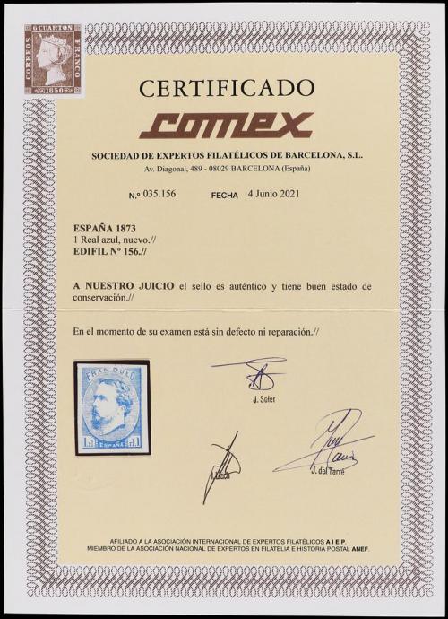 ** ESPAÑA. Ed. 156. 1 real azul. PIEZA DE LUJO. Cert. COMEX.