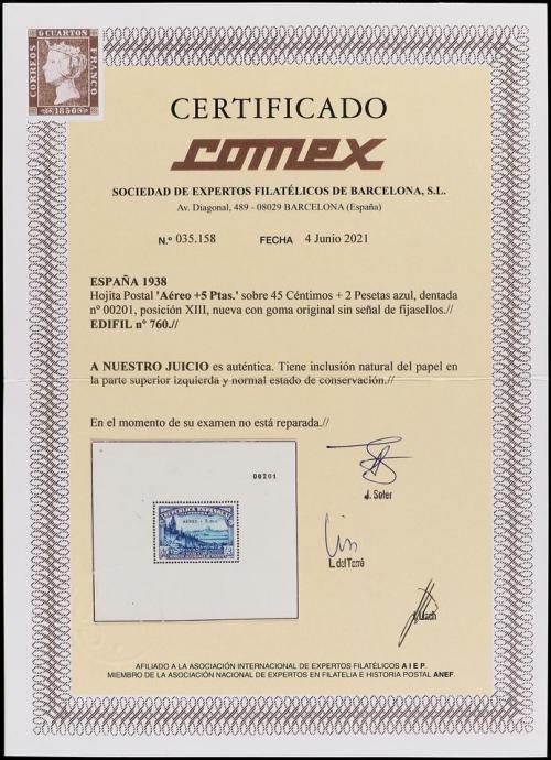 ** ESPAÑA. Ed. 760. HB. Aéreo + 5 pts. azul. Inclusión natur