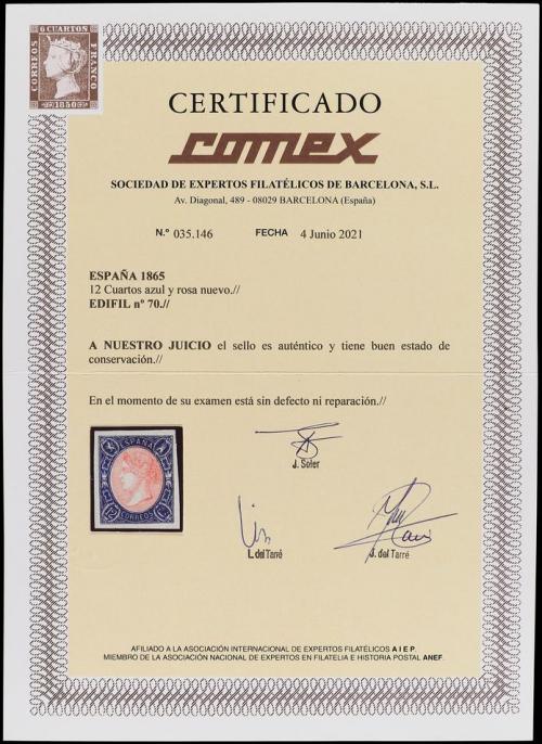 (*) ESPAÑA. Ed. 70. 12 cuartos azul y rosa. PIEZA DE LUJO. C