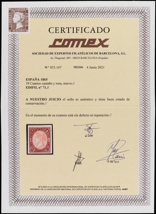 (*) ESPAÑA. Ed. 71. 19 cuartos castaño y rosa. Márgenes exce