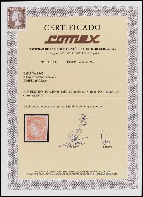 * ESPAÑA. Ed. 73A. 2 reales salmón. PIEZA DE LUJO. Cert. COM