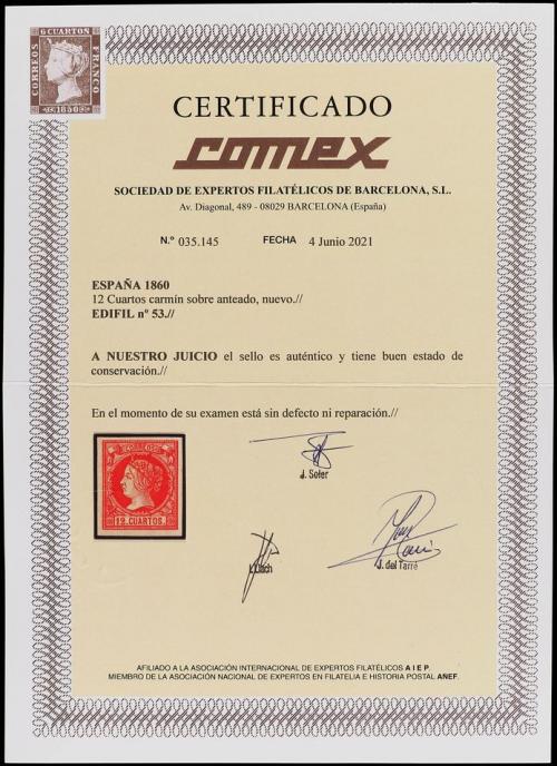 * ESPAÑA. Ed. 53. 12 cuartos carmín. PIEZA DE LUJO. Cert. CO