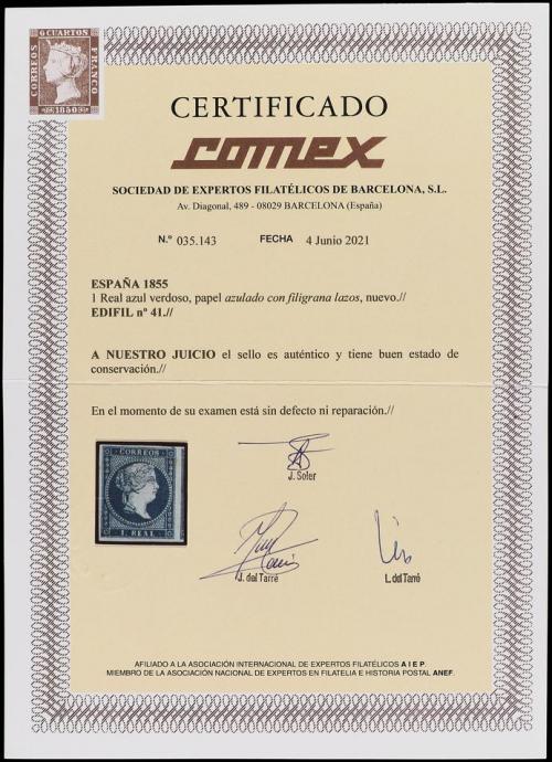 * ESPAÑA. Ed. 41. 1 real azul verde. PIEZA DE LUJO. Cert. CO