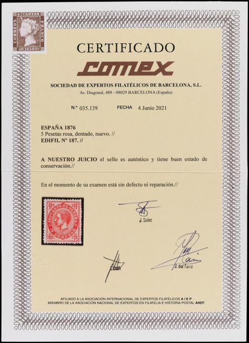 * ESPAÑA. Ed. 187. 5 pts. carmín. PIEZA DE LUJO. Cert. COMEX