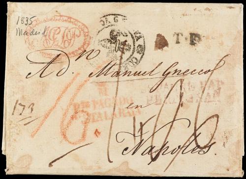 ✉ ESPAÑA: PREFILATELIA. 1835. MADRID a NÁPOLES. Marca M / PT