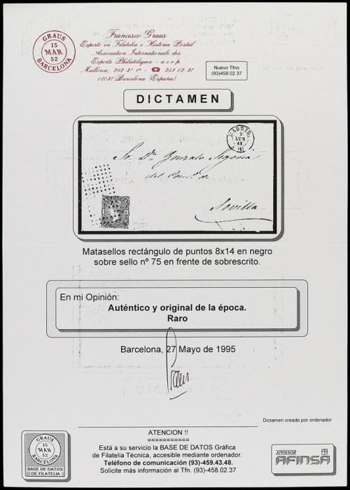 ✉ ESPAÑA. Ed. 75. 1865. Frontal de MADRID a SEVILLA. 4 cuart