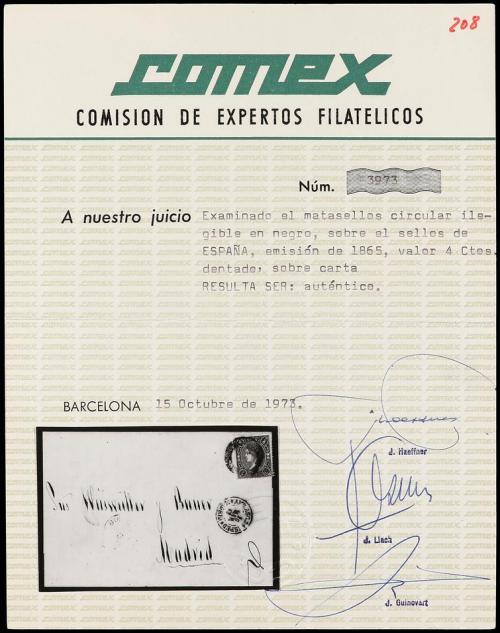✉ ESPAÑA. Ed. 75. 1865. VALENCIA a MADRID. 4 cuartos azul. M