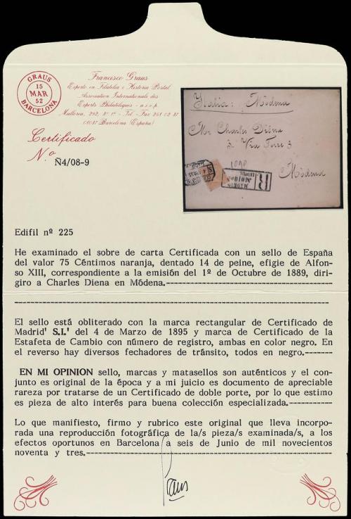 ✉ ESPAÑA. Ed. 225. 1895. Certificado de MADRID a MODENA (Ita