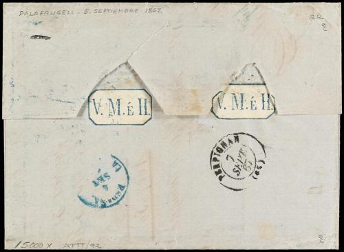 ✉ ESPAÑA. Ed. 89 (3). 1867. PALAFRUGELL a FRANCIA. 12 cuarto