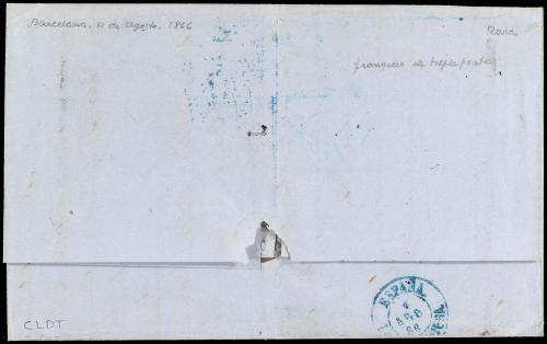 ✉ ESPAÑA. Ed. 82 (3). 1866. BARCELONA a FRANCIA. 12 cuartos 
