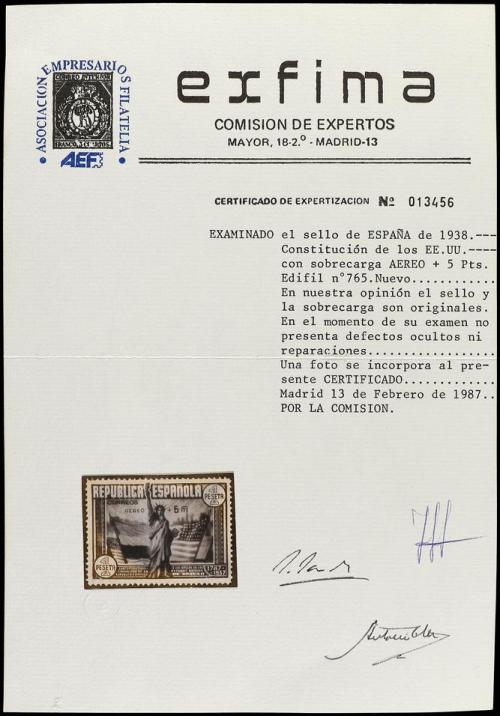 ** ESPAÑA. Ed. 765. Aéreo + 5 pts. multicolor. LUJO. Cert. E