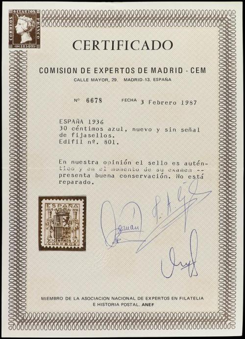** ESPAÑA. Ed. 801. 30 cts. azul. Excelente centraje. LUJO. 