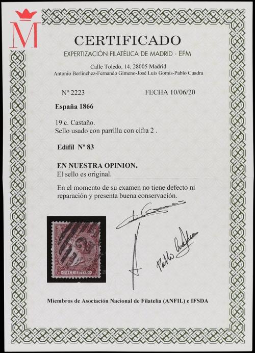 ° ESPAÑA. Ed. 83. 19 cuartos castaño. Mat. parrilla 2 de Bar