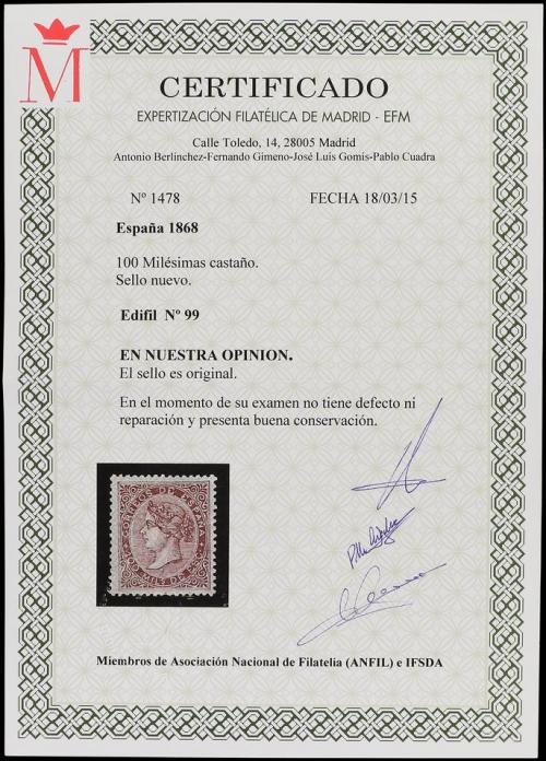 * ESPAÑA. Ed. 99. 100 mils. castaño bien centrado. MAGNÍFICO