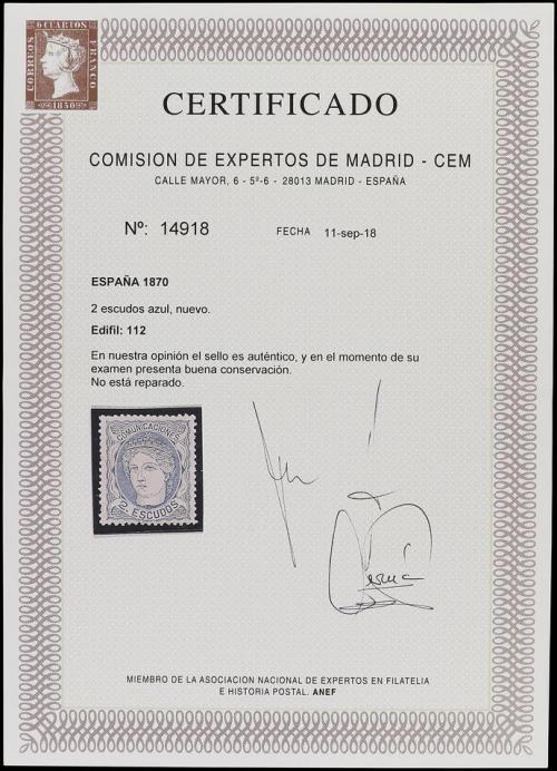 ** ESPAÑA. Ed. 112. 2 Esc. azul. PIEZA DE LUJO. Cert. CEM. C