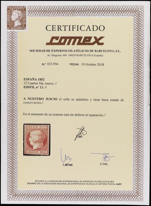 * ESPAÑA. Ed. 13. 12 cuartos lila amplios márgenes. PIEZA DE