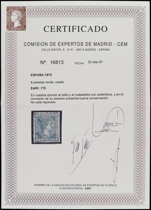 ° ESPAÑA. Ed. 170. 4 pts. verde. Mat. fechador no legible, e