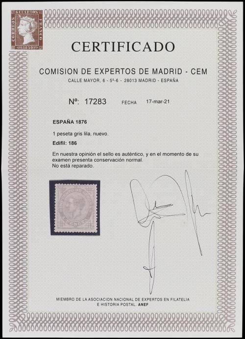 * ESPAÑA. Ed. 186. 1 pta. gris. Centraje aceptable para este