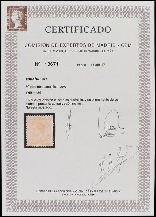 * ESPAÑA. Ed. 189. 50 cts. amarillo. Centraje aceptable para