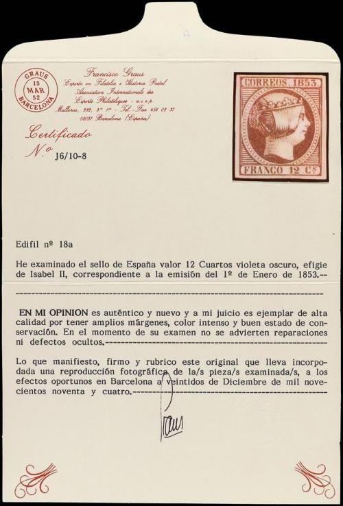 (*) ESPAÑA. Ed. 18. 12 cuartos lila oscuro. Color y márgenes