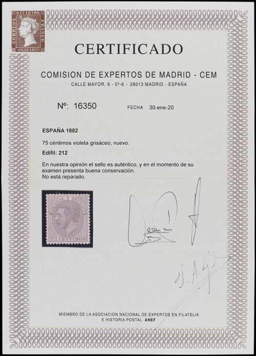 ** ESPAÑA. Ed. 212. 75 cts. gris. PIEZA DE LUJO. Cert. CEM. 