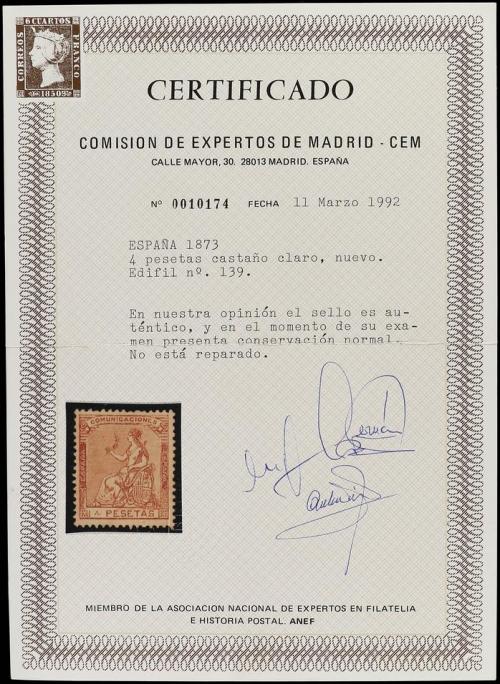 (*) ESPAÑA. Ed. 139. 4 pts. castaño. PIEZA DE LUJO. Cert. CE