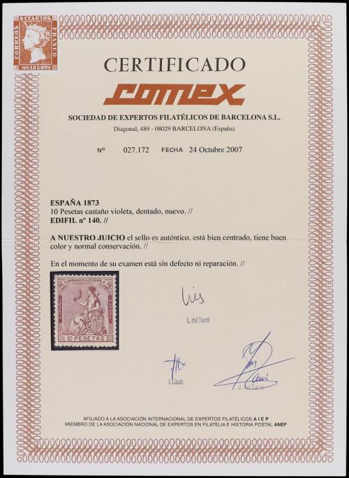 * ESPAÑA. Ed. 140. 10 pts. castaño violeta. PIEZA DE LUJO. C