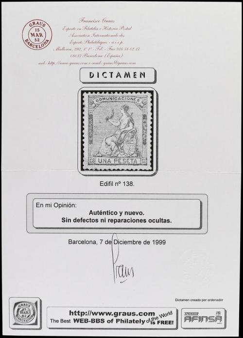 (*) ESPAÑA. Ed. 138. 1 pta. gris. PIEZA DE LUJO. Dictamen Gr