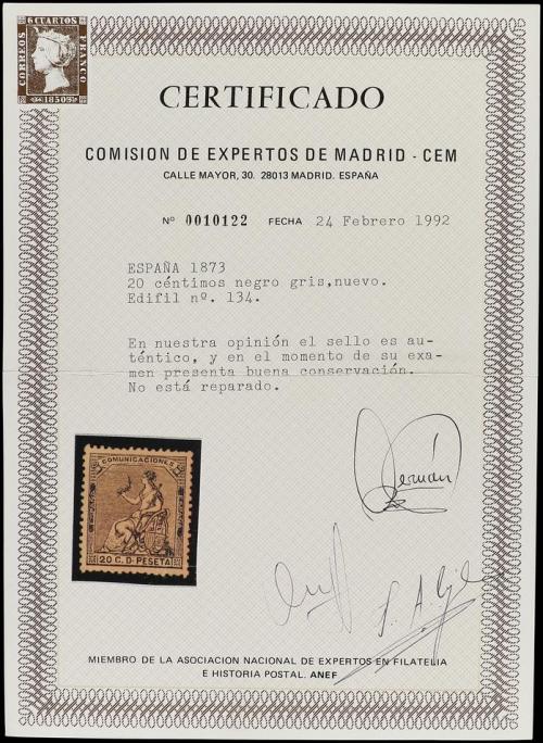 * ESPAÑA. Ed. 134. 20 cts. negro. PIEZA DE LUJO. 