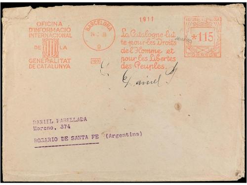 ✉ ESPAÑA GUERRA CIVIL. 1938. BARCELONA a ARGENTINA. Franqueo