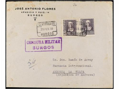 ✉ ANDORRA. 1939. BURGOS a ANDORRA. 40 cts. lila (2). Marca d