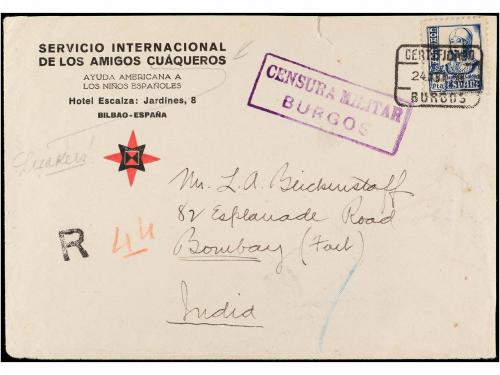 ✉ ESPAÑA GUERRA CIVIL. 1938. BURGOS a BOMBAY (India). 1 pta.