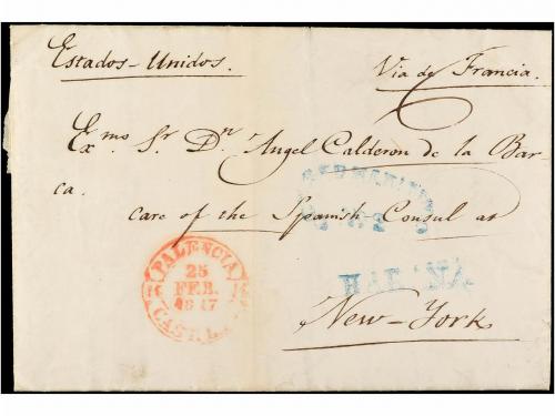 ✉ CUBA. 1847. PALENCIA a NEW YORK. Circulada vía Cuba. Marca