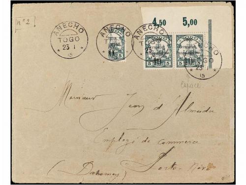 ✉ TOGO. 1915. ANECHO a PORTO NOVO (Dahomey). 10 s. 5 pf. ver