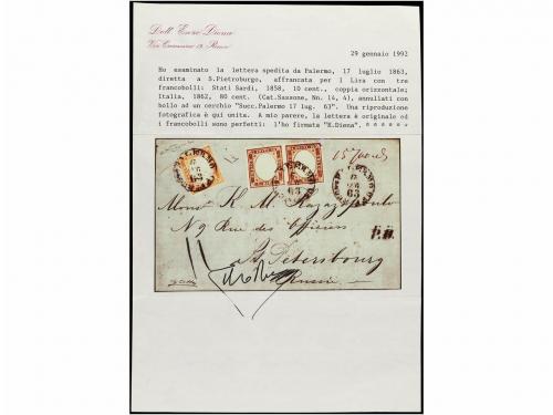 ✉ ITALIA. Sa. 4 + S14. 1863. PALERMO a ST. PETERSBURGO. 80 c