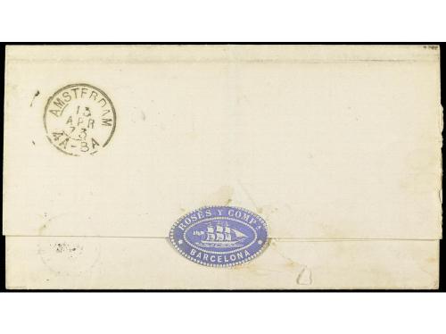 ✉ ESPAÑA. Ed. 126. 1873. BARCELONA a AMSTERDAM. 50 cts. verd