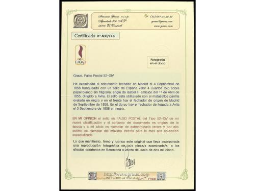 ✉ ESPAÑA. Ed. 48F. 1858. FALSOS POSTALES. Sobrescrito de MAD