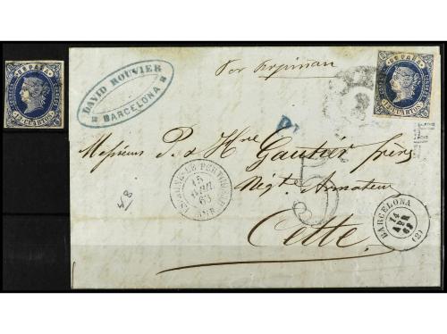 ° ✉ ESPAÑA. Ed. 59F. 1863. BARCELONA a FRANCIA. 12 cuartos a