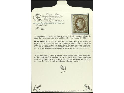 * ESPAÑA. Ed. 67F. FALSOS POSTALES. 1 real castaño sobre azu