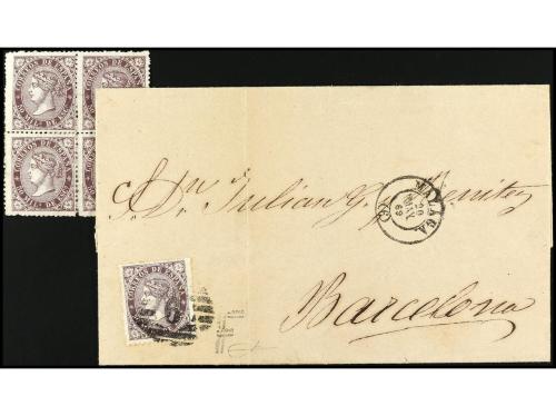 ✉ ESPAÑA. Ed. 98F. 1869. FALSOS POSTALES. MÁLAGA a BARCELONA