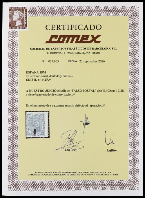 ° ESPAÑA. Ed. 142F. FALSOS POSTALES. 10 céntimos azul, FALSO